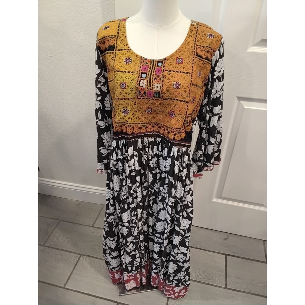 Boho Embroidered Mirror Work Floral Maxi Dress Black White Yellow Long Sleeve